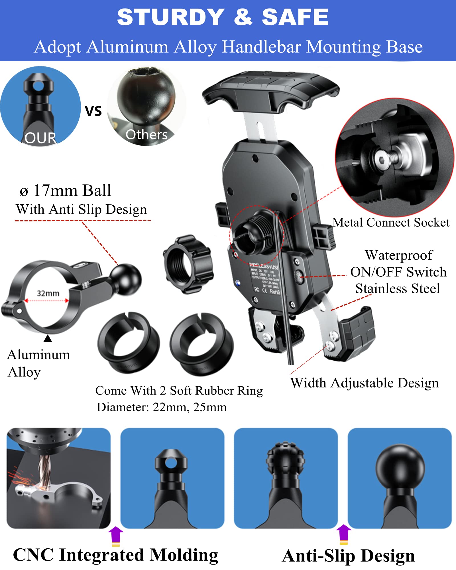 BRCOVAN Motorcycle Phone Mount Holder with Qi 15W Wireless Charger & PD/USB-C 20W Fast Charging Port, [1s Lock] Cellphone Cradle with Aluminum Alloy Handlebar Mounting Base for 4-7'' Smartphone