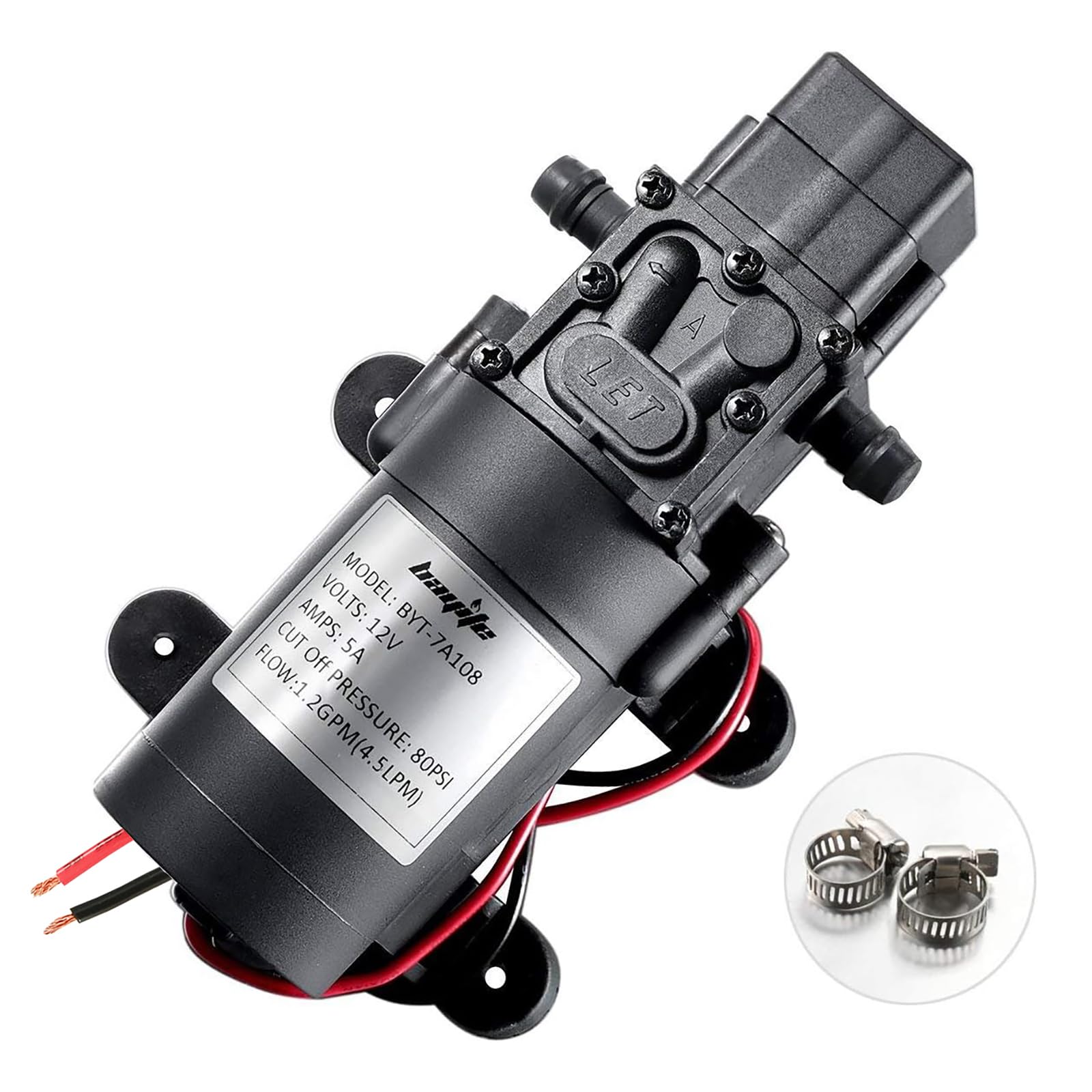 Photo 1 of bayite 12V DC Water Transfer Pump with 2 Hose Clamps 12 Volt Diaphragm Pump Self Priming Sprayer Pump with Pressure Switch 4.5 L/Min 1.2 GPM 80 PSI for Weed ATV Marine Boat
