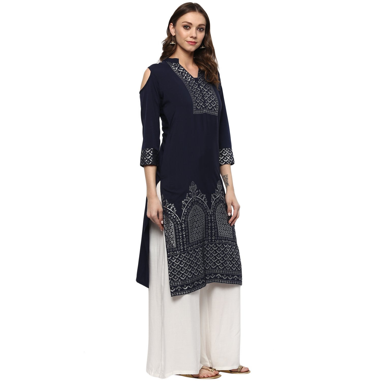ziyaa women's blue colour straight crepe silver foil print kurta & palazzo set