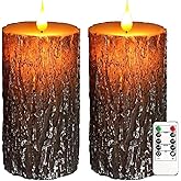 VEEKI Flameless Candles Lights, Set of 2 6"x3" Pine Bark Flickering LED Candles with Remote & Timer, Dimmable Pillar Candles Battery Operated, Real Wax Electric Candle for Christmas Winter Home Decor