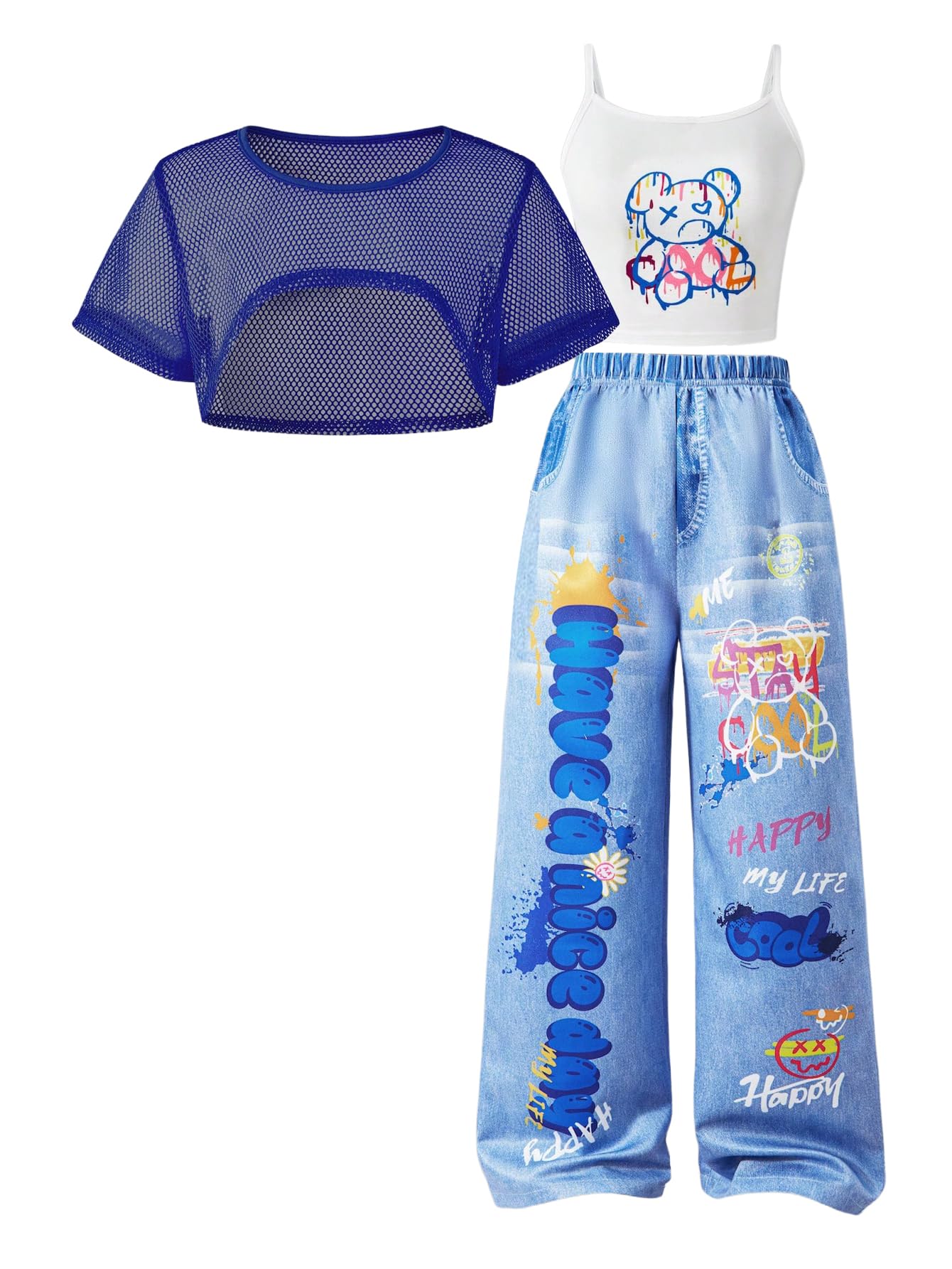 Photo 1 of Floerns Girl's 3 Piece Summer Street Outfits Cartoon Camisole Wide Leg Denim Pants with Mesh Crop Tops Dark Blue 12Y