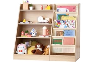 VEVOR 4-Tier Kids Wooden Bookshelf, Six-Layer Sling Bookcase, Baby Storage Book Rack, Book Toy Organizer Cabinet, for Kids Ro