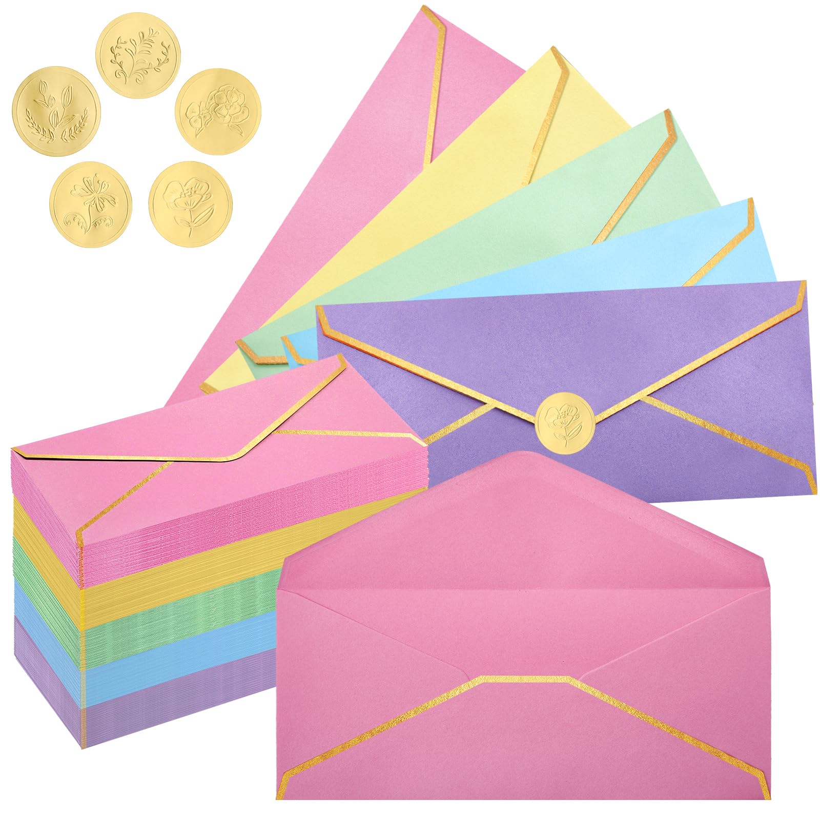 Photo 1 of 50 Pcs #10 Colorful Business Mailing Pretty Envelopes with Gold Border and Stickers Standard Letter Size Envelopes for Christmas Wedding Office Check Invoices Greeting Cards Party Graduation(Macarons)