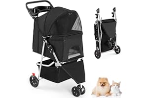 Smug 3 Wheels Pet Stroller, Dog and Cat Strollers, Storage Basket and Cup Holder, Breathable Mesh, Lightweight Travel Carrier, Waterproof and Foldable for Small Pets Outdoor Walk, Black
