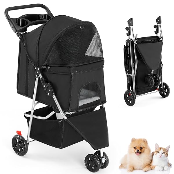 SMUG 3 WHEELS PET STROLLER, DOG AND CAT STROLLERS, STORAGE BASKET AND CUP HOLDER, BREATHABLE MESH, LIGHTWEIGHT TRAVEL CARRIER, WATERPROOF AND FOLDABLE FOR SMALL PETS OUTDOOR WALK, BLACK