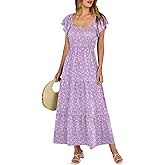ANRABESS Women’s Casual Summer Maxi Dress Flutter Short Sleeve Scoop Neck Smocked A Line Flowy Beach Vacation Long Dresses