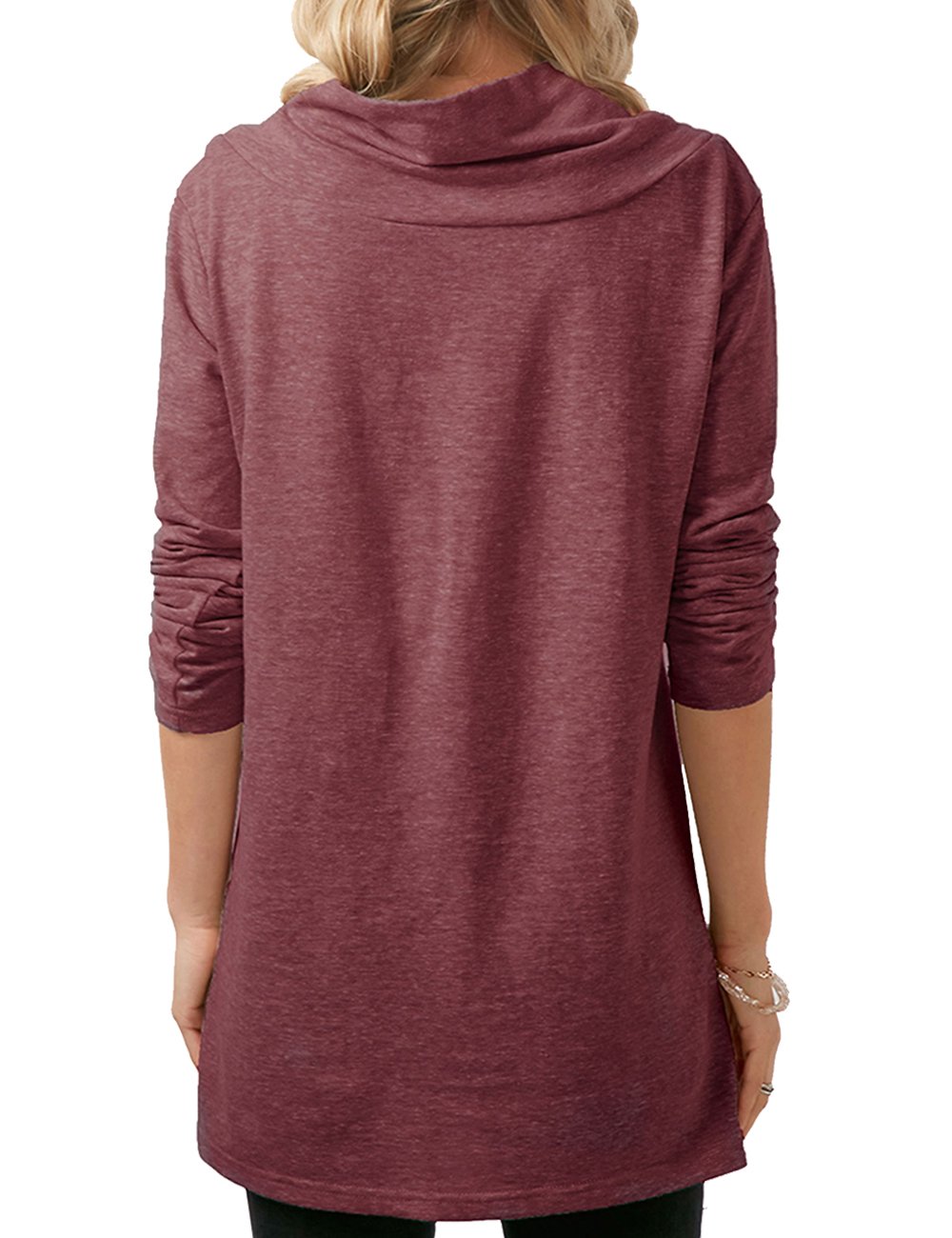Poplover Womens Long Sleeve Cowl Neck Tunic Loose Fit Tops Button Wine Red Large