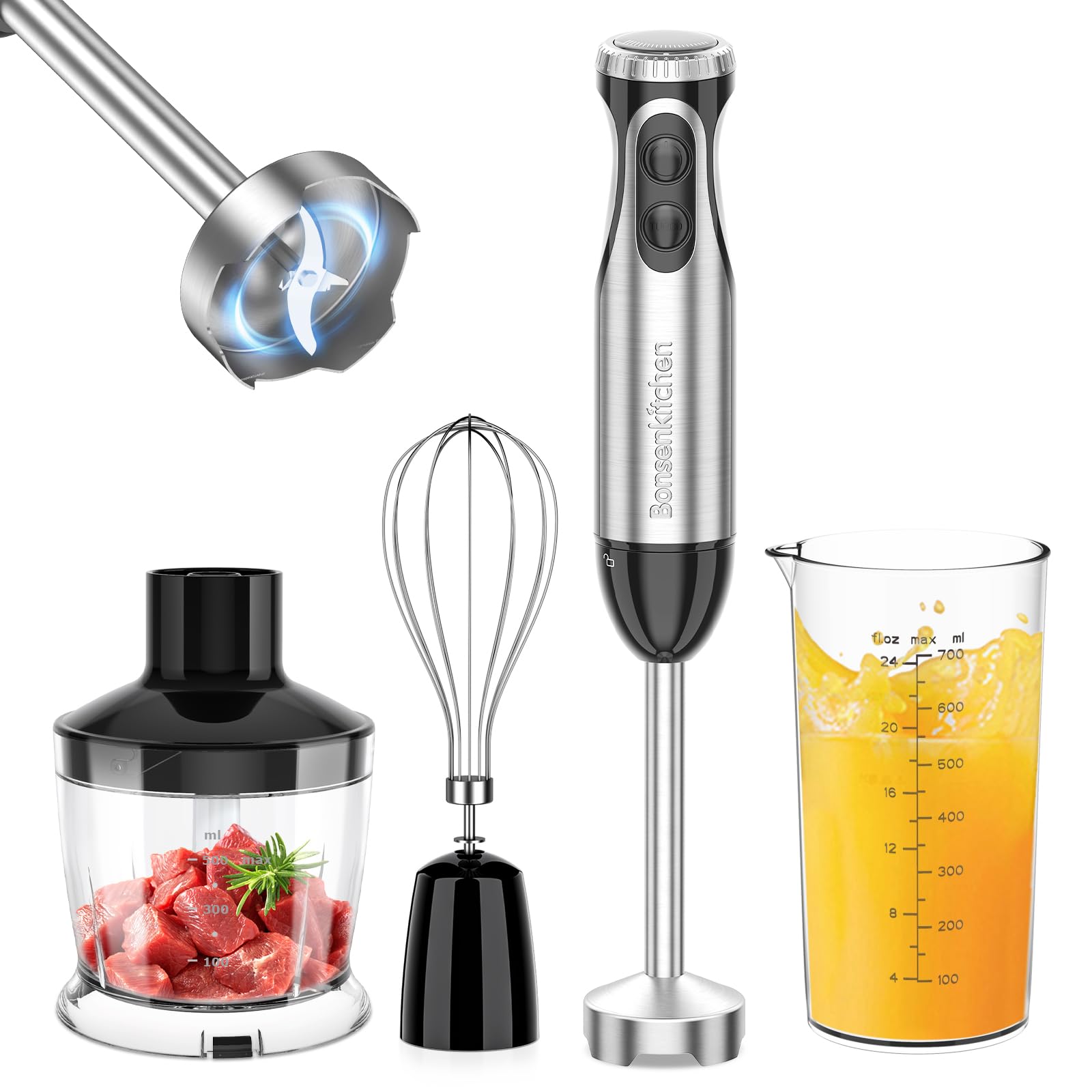 Photo 1 of **PARTS ONLY** **NONFUNCTIONAL** Bonsenkitchen 4-in-1 Immersion Blender Handheld, 20 Speeds Hand Blender with Turbo Mode, Stainless Steel Blade, Egg Whisk, Beaker & Chopper Bowl, Stick Mixer for Soup, Smoothie, Puree, Baby Food