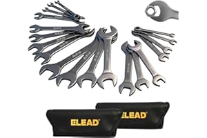 ELEAD Super-Thin Open End Wrench Set | 19-Piece SAE & Metric Sizes | CR-V Nickel Plated | Ultra-Slim Design | Corrosion-Resistant | Durable Roll-Up Pouch for Mechanics