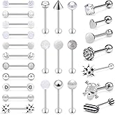 Leiainely Flat/Ball Back Bottom 14g Metal Plastic Balls Tongue Rings Piercing Jewelry for Women Men Surgical Stainless Steel