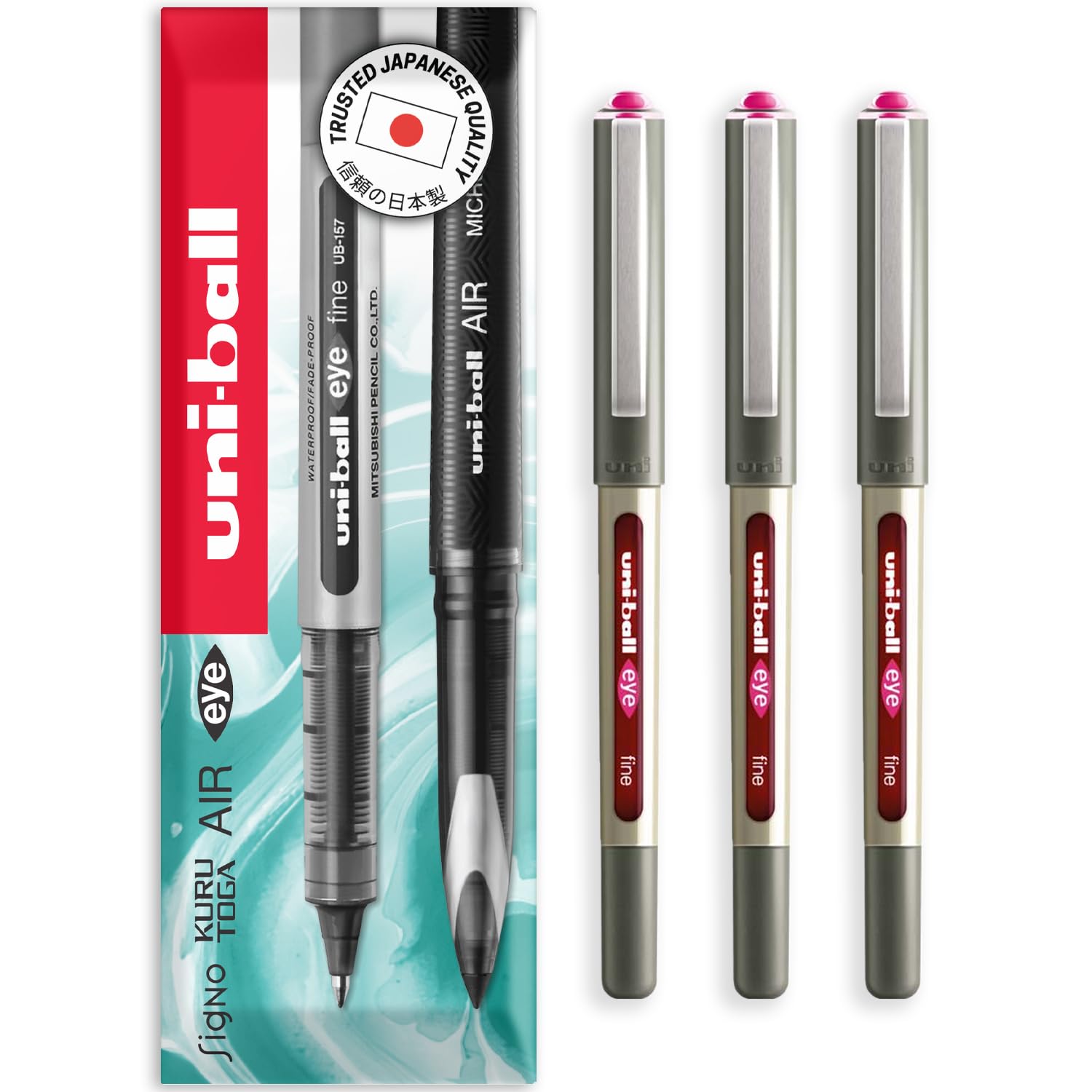 uni-ball EYE - UB-157E Rollerball Pens - 0.7mm Nib - In Envelope Gift Packaging (Pack of 3, Pink)
