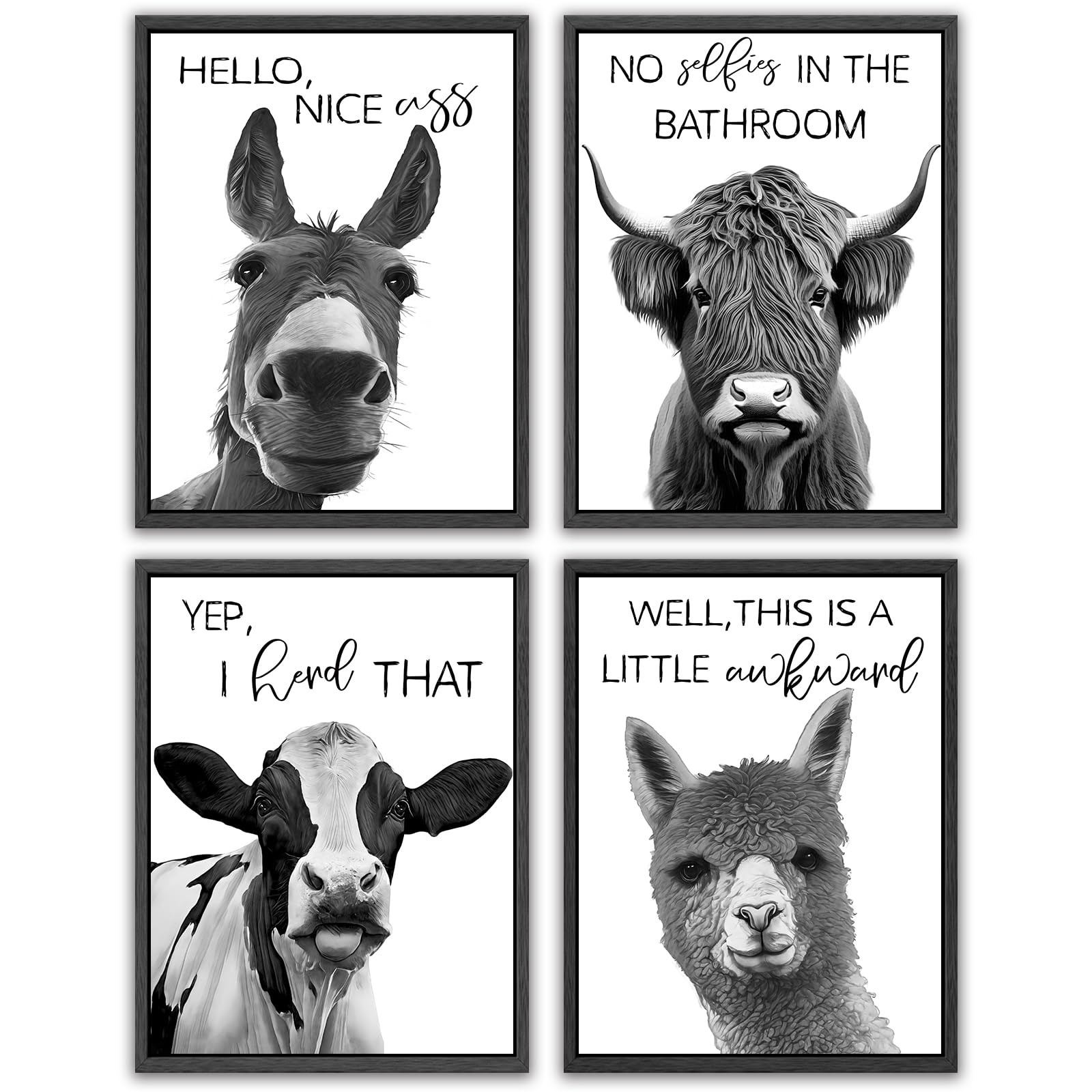 Photo 1 of Funny Highland Cow Donkey Animal Framed Wall Art Prints Black Guest Toilet Room Decor Cute Bathroom Signs Rustic Canvas Painting Farmhouse Artwork 12x16in(Framed)