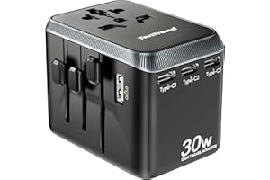 TenTrend Universal Travel Adapter, 30W International Power Adapter with 4 USB-C & 1 USB-A Ports, European Travel Plug Adapter, Worldwide Travel Essentials for EU UK AUS USA