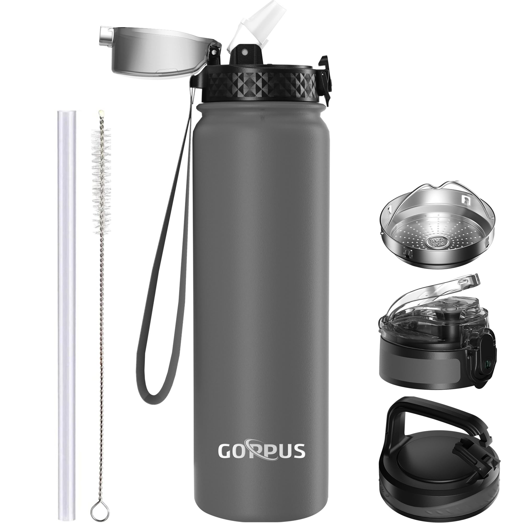 GOPPUS 1L/32oz Stainless Water Bottle with Straw Double Wall Insulated Bottles with Strap Reusable Vacuum Thermal Flask Leakproof Keep Cold Drinks Bottles with Flip Top Lid for Gym Men Women BPA Free
