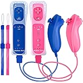 DTianSir 2Pack Motion Plus Wii Remote Controllers with Nunchucks,Wii Remote Controllers with Built in Motion Plus Compatible for Wii U Consoles(Pink&Blue)