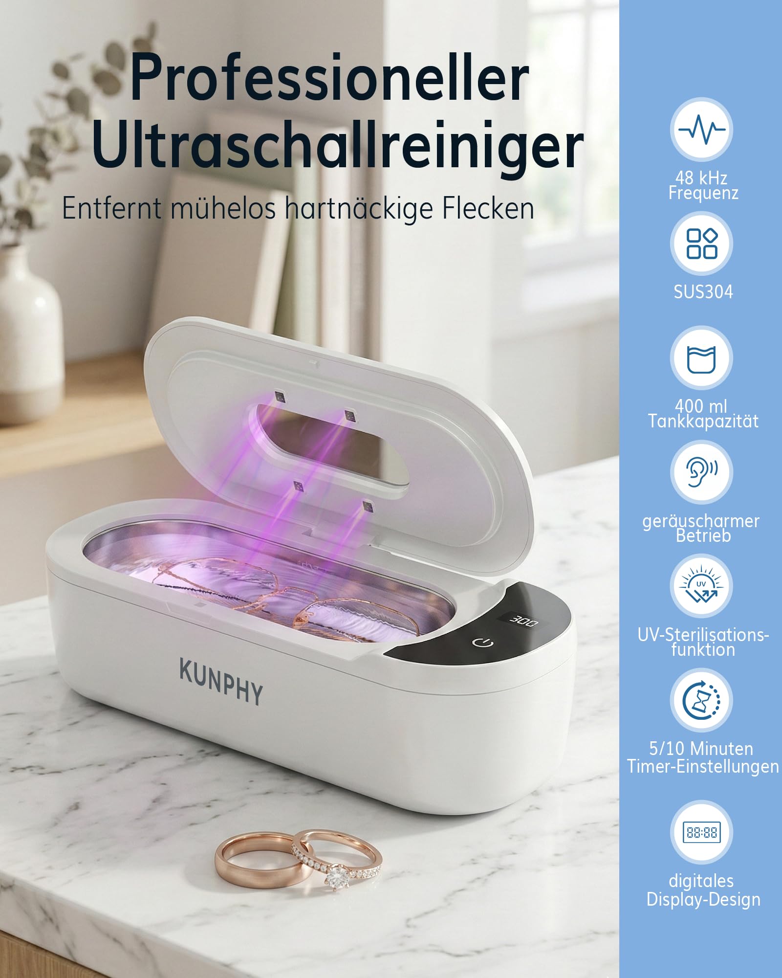 KUNPHY Ultraschallreinigungsgerät mit U-V – Brillenreinigungsgerät 400ml(20Oz) 48kHz, Ultrasonic Cleaner mit digitalem Dual-Modus-Display(5/10min), Ultraschallreiniger für Brille, Schmuck, Uhren 2