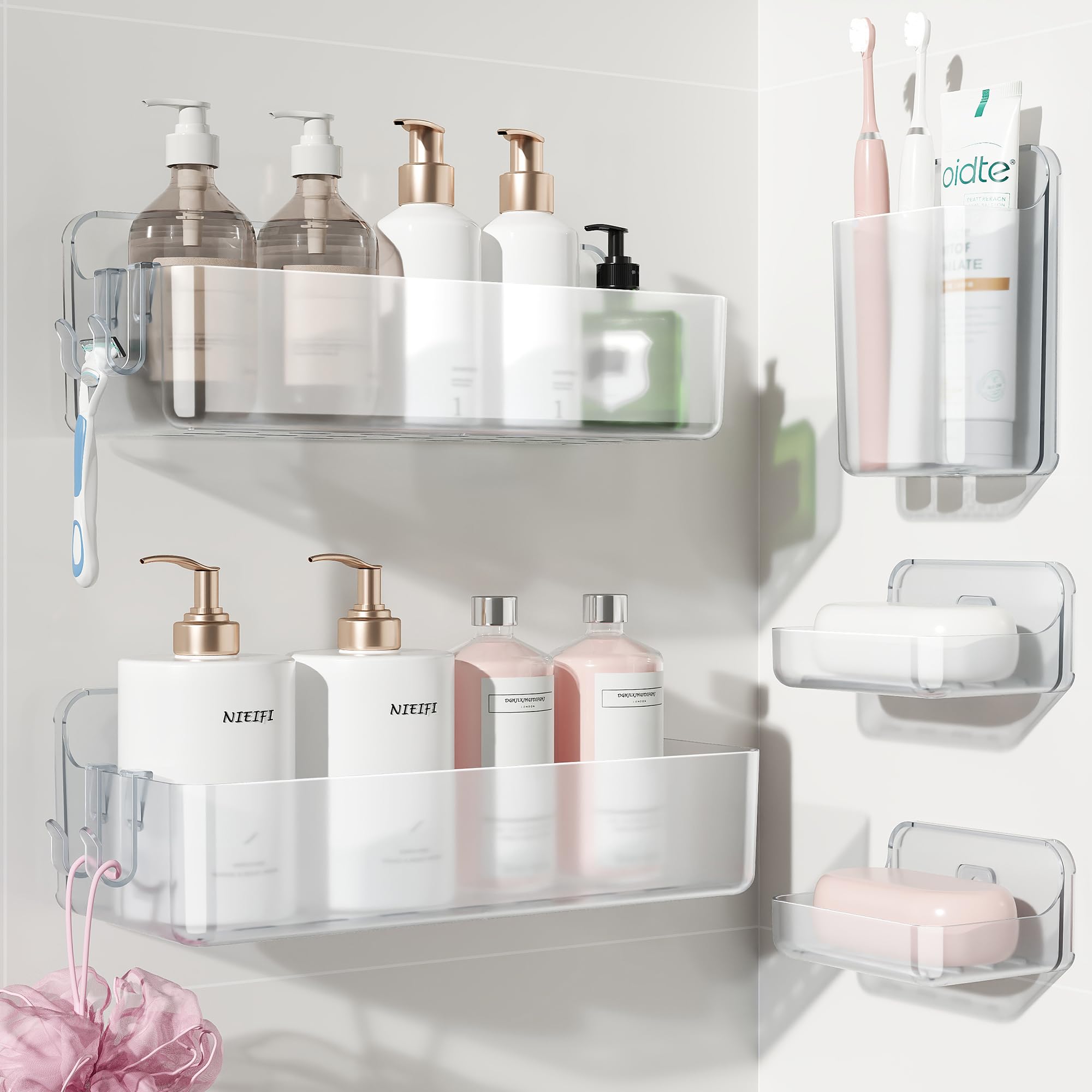 Photo 1 of Nieifi Adhesive Wall Shelf, Shower Shelves 5 Pack with Soap Holder, Shower Organizer for Bathroom Organization, Clear