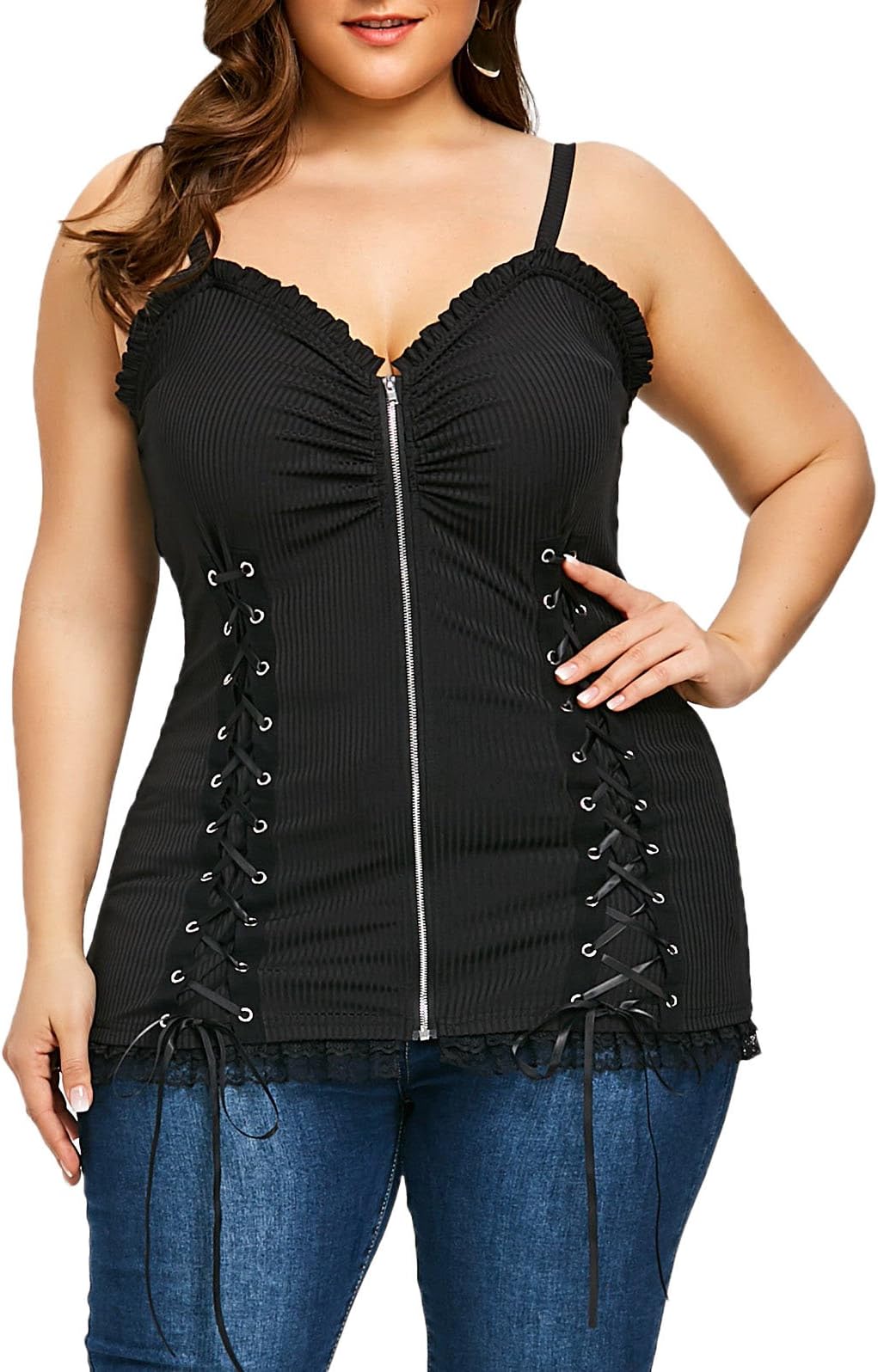 NihsatinWomen's Plus Size Lace up Ribbed Tops Casual T-Shirts Gothic Corset Top