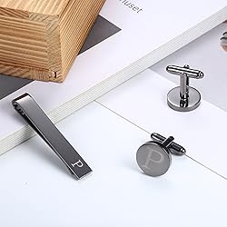 LOYALLOOK Black Initial P Cufflinks and Tie Clip
