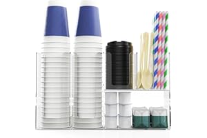 HEIMMA Paper Cup and Lid Holder with Straw Organizer, 6 Compartment Disposable Coffee Cup Dispenser for Countertop Coffee Bar Accessories Restaurant Breakroom, Acrylic, Clear