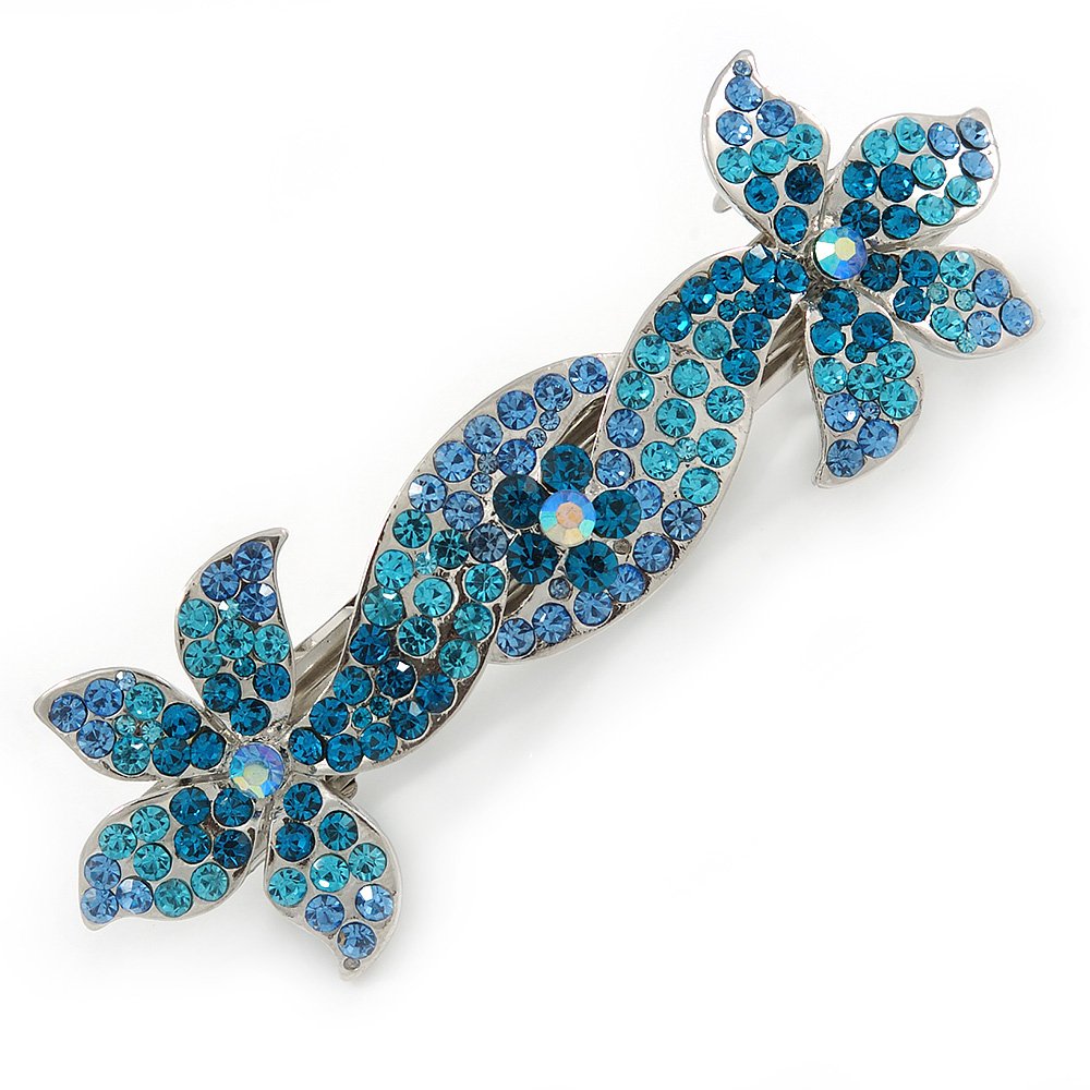 Bridal Wedding Prom Silver Tone Teal/Blue Diamante 'Double Flower' Barrette Hair Clip Grip - 90mm Across