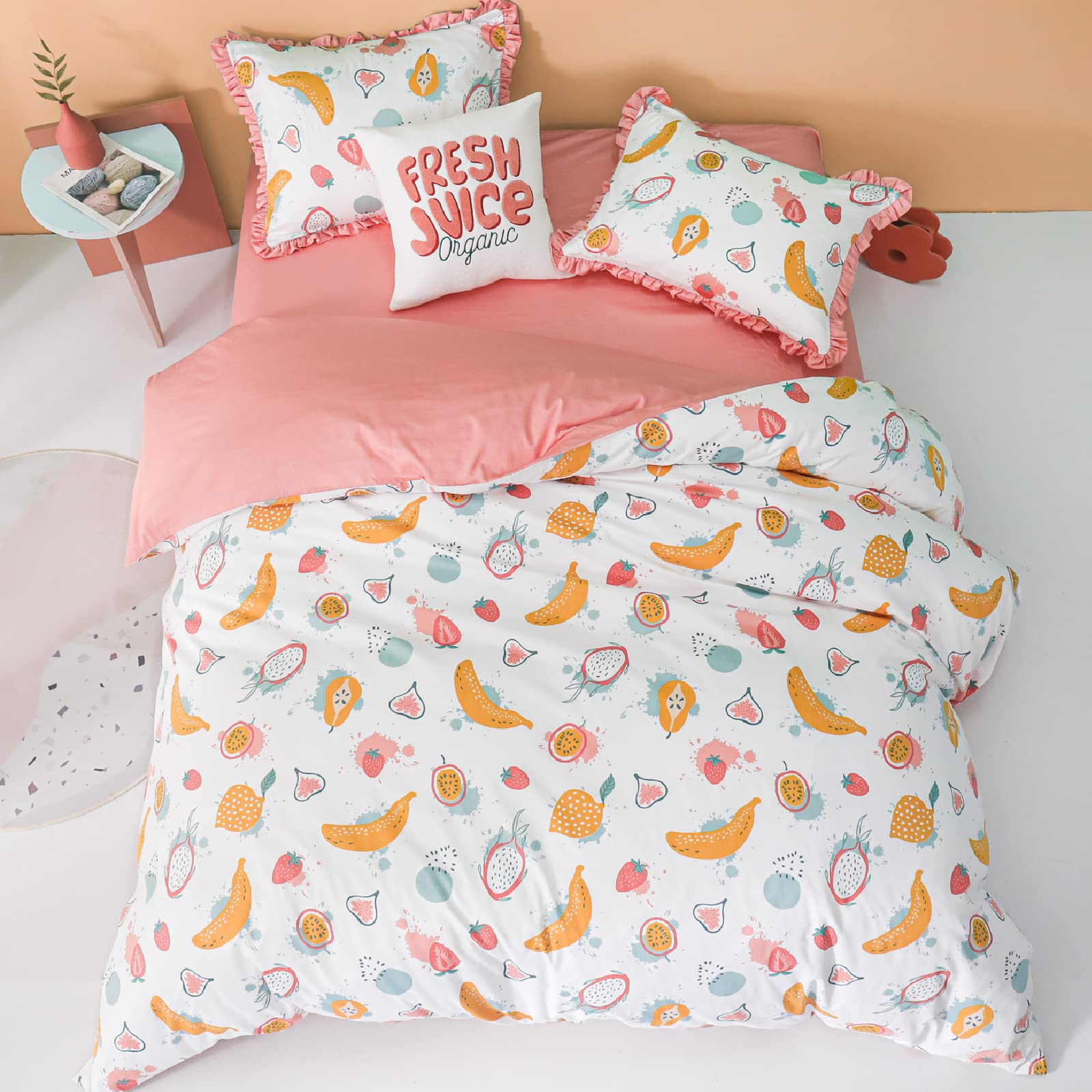 Simple&Opulence Double Duvet Cover Set-100% Organic Cotton Fruit Cute Cartoon Bedding Set and Matching Pillow Cases with Zipper Closure for Boy Girl