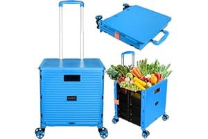 SELORSS Foldable Utility Cart Portable Collapsible Crate Rolling Carts with Wheels Rolling Tote Basket Teacher Cart with Lid Wear-Resistant 360°Rotate Wheel Noiseless for Shopping Storage Office Use