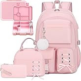 Scothen Backpack for Girls with Bento Lunch Box Set, School Bag Bookbag for Teens Girls Kids Student, 43oz Lunch Containers Lunchbox, Insulated Lunch Bag & Pencial Case, Back To School Gift (Pink)