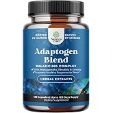 Adaptogens Supplements Blend Capsules w Ashwagandha &amp; Rhodiola - 120 ct | Calming adaptogen support for stress, mood, energy &amp; cortisol management; vegan, non-GMO