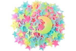 AM AMAONM 140 pcs Colorful Glow in The Dark Moon and Stars Wall Stickers Yellow Pink Blue Glowing Star Decor DIY 3D Hollow Luminous Stars Wall Decals for Kids Boys Baby Bedroom Ceiling Wall Decoration