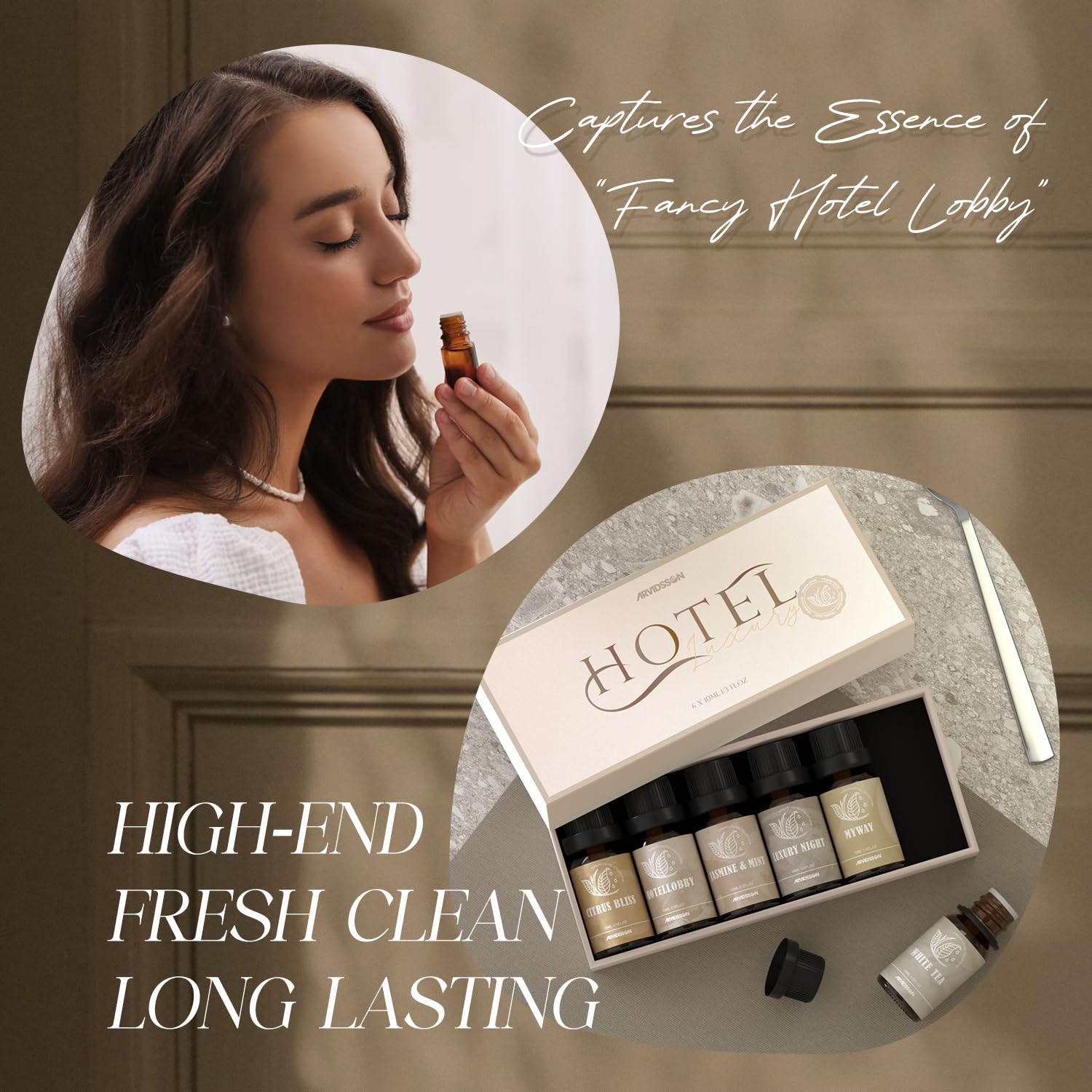 ARVIDSSON Hotel Diffuser Oils Gift Set, Hotel Scent Essential Oils for Diffuser, Luxury Fragrance Oil Blend - Jasmine & Mint, White Tea, Citrus Bliss, M-Way, Fancy Lobby, Gift for Women and Men