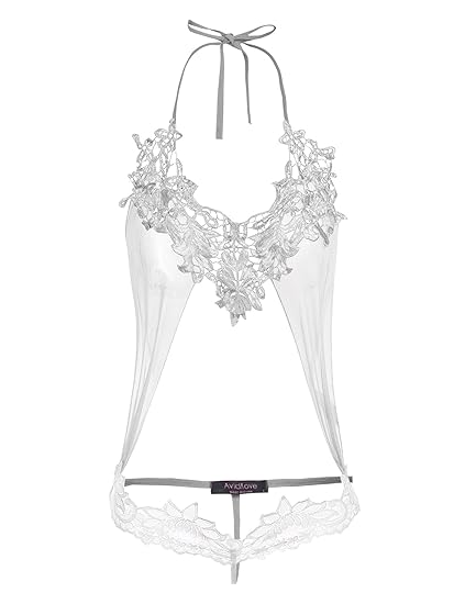 Avidlove Damen Transparenter Body mit Spitzenverzierungen Neckholder Stringbody ouvert Netz Dessous Strapsen Reizwäsche Linge