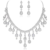EVER FAITH Women's Cubic Zirconia Gorgeous Water Drop Dangle Necklace Earrings Set Silver-Tone