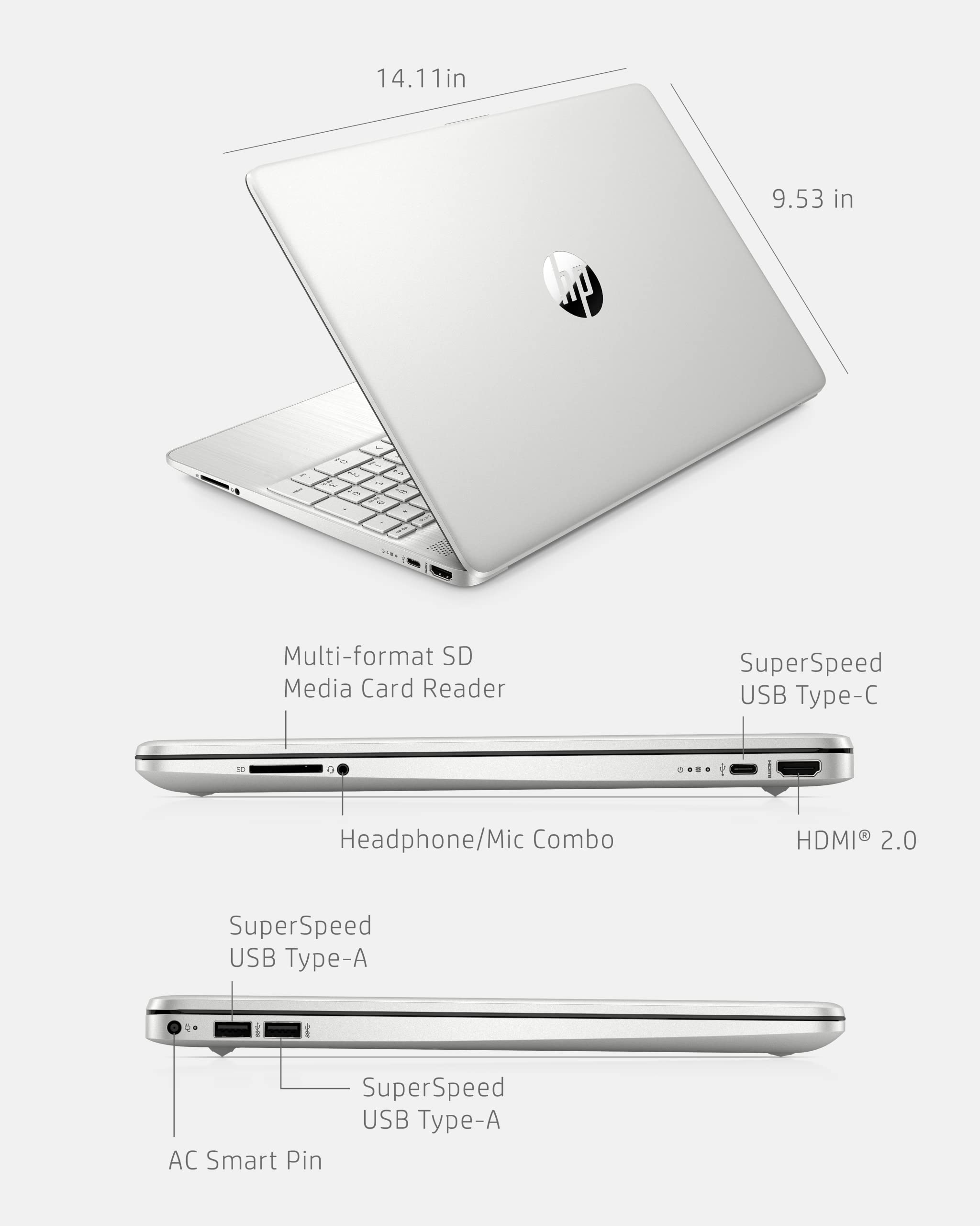 HP 15 Laptop, AMD Ryzen 3-5300U Processor, 8 GB RAM, 256 GB SSD Storage, 15.6-inch HD Micro-Edge Display, Windows 11 Home, Long-Lasting Battery, Fast Charge, 720p Webcam (15-ef2024nr), Natural silver