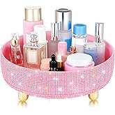 Pink Bling Perfume Makeup Organizer, Bathroom Storage Box with Sparkling Diamond Accents, 360 Rotating Makeup Organizer, Suitable for Woman Dressing Tables, Bedside Tables and Other Countertops