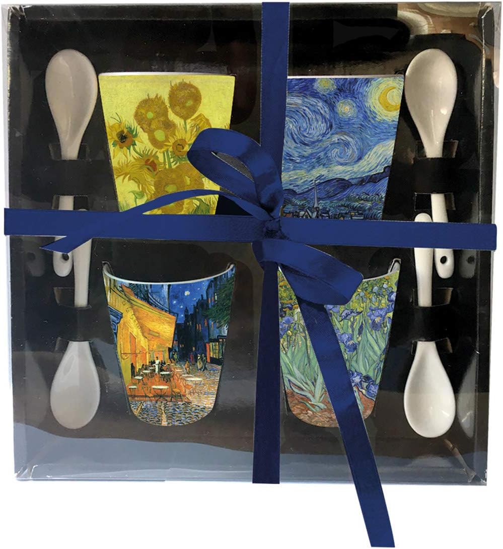 Van Gogh Espresso Cups with Spoons in Gift Box, Set of 4 Assorted Styles