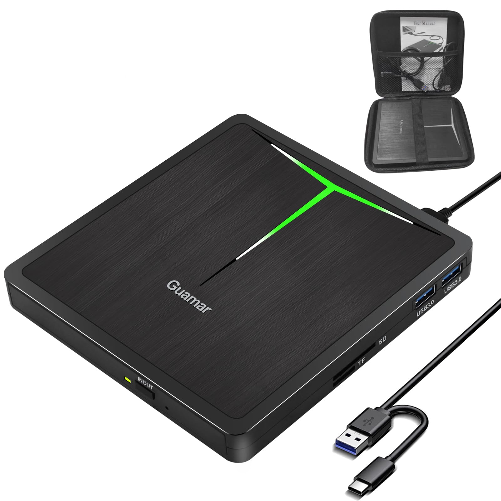 Guamar External CD DVD Drive, USB 3.0 Type-C CD/DVD ROM +/-RW Player Burner Reader Writer with SD/TF Slot & 2 USB/Carrying Case, Portable Optical Disc Drive for Laptop PC Desktop Windows Mac Linux