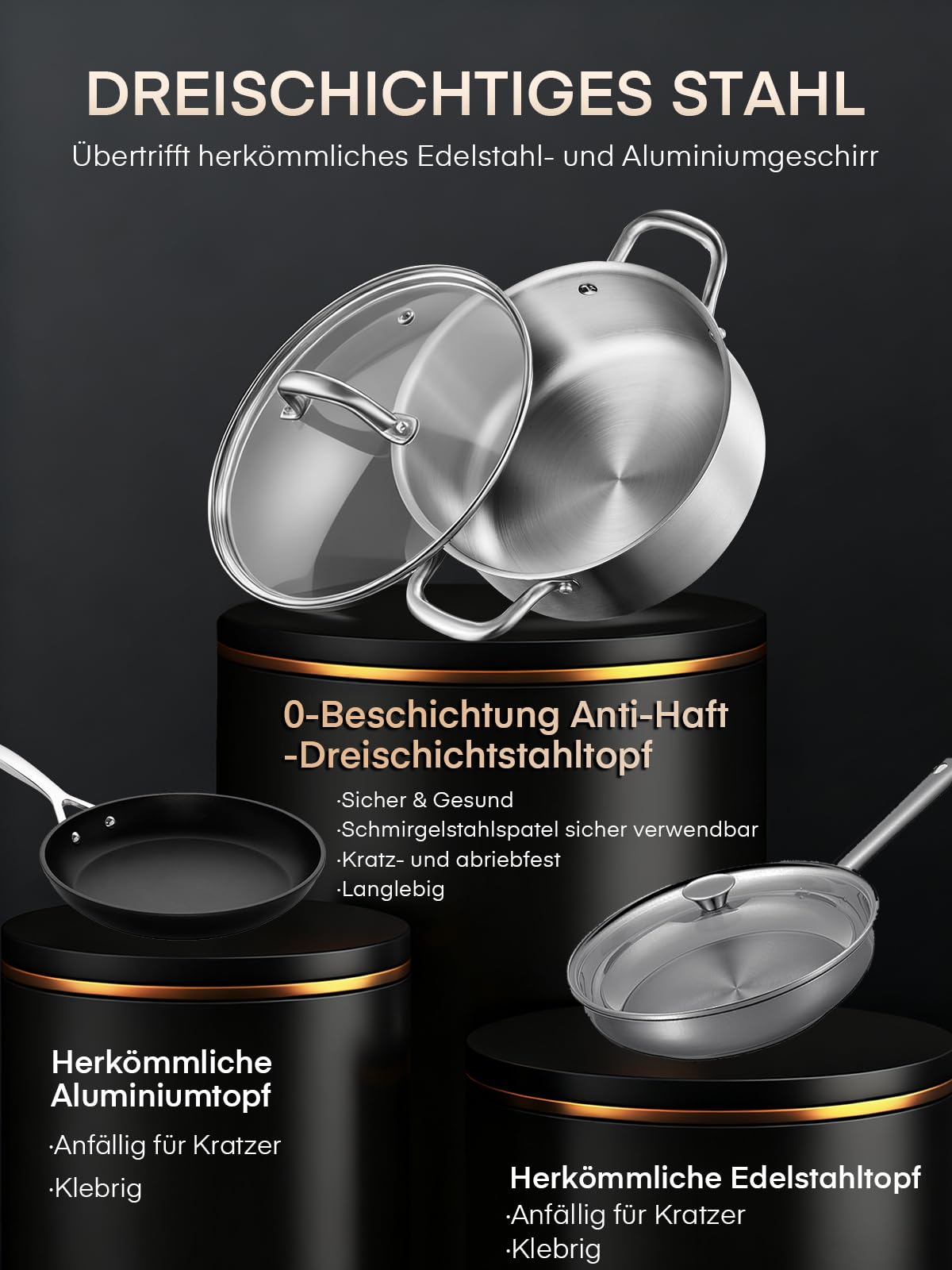 Topfset Edelstahl 3-PLY, 15-tlg Premium Induktions Töpfe Set Induktionsgeeignet für alle Herdarten, mit Dünsteinsatz & 5-Teilig exklusivem Löffelzubehör, unbeschichtet, für Camping und Wohnung 5
