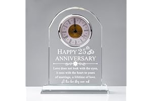 QIANRUNA 25th Wedding Anniversary Glass Clock Gifts, 25 Years of Marriage Quartz Clock Gifts for Couple, Happy 25th Silver Anniversary Clock Decoration