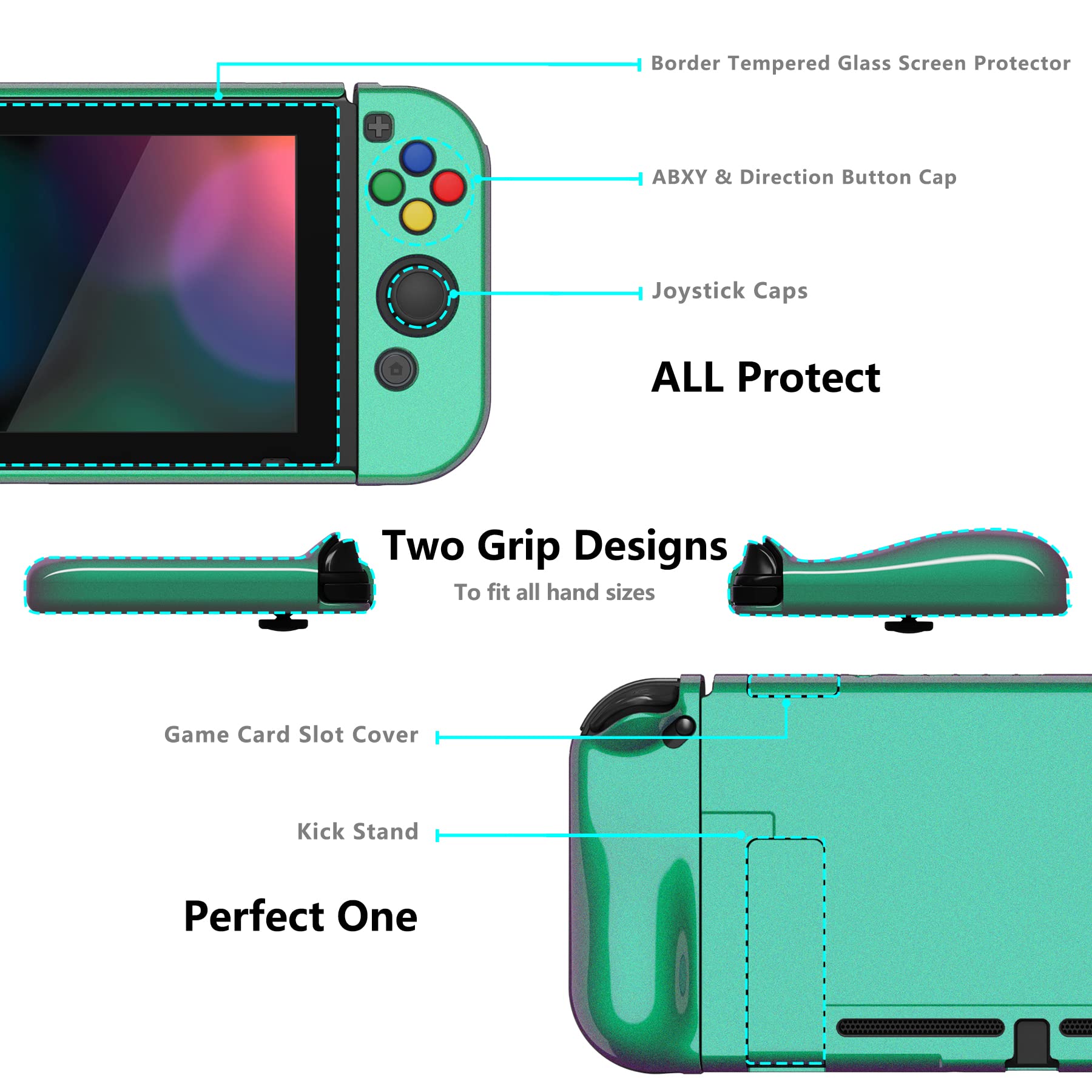 PlayVital AlterGrips Ergonomic Grips Cover for Nintendo Switch, [2 Design] Interchangeable Comfort Dockable Protective Case with Screen Protector & Thumb Grip Buttons Caps - Chameleon Green Purple