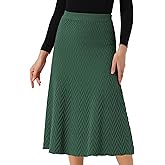 Seta T Women's Ribbed Knit A-Line Skirts Elastic High Waist Stretchy Sweater Midi Skirt