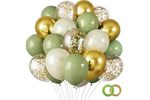 RUBFAC 65 Pcs 12 Inches Sage Green Gold Confetti Balloons Kit, Green Gold Sand White Party Balloons with Ribbons for Tiana Birthday, Wedding, Baby Shower, Graduation, Eucalyptus Party Decorations
