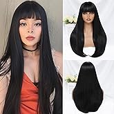 VOZIFAXIU Black Wig with Bangs for Women 24 Inch Long Straight Black Wigs Synthetic Heat Resistant Wig for Daily Party Use