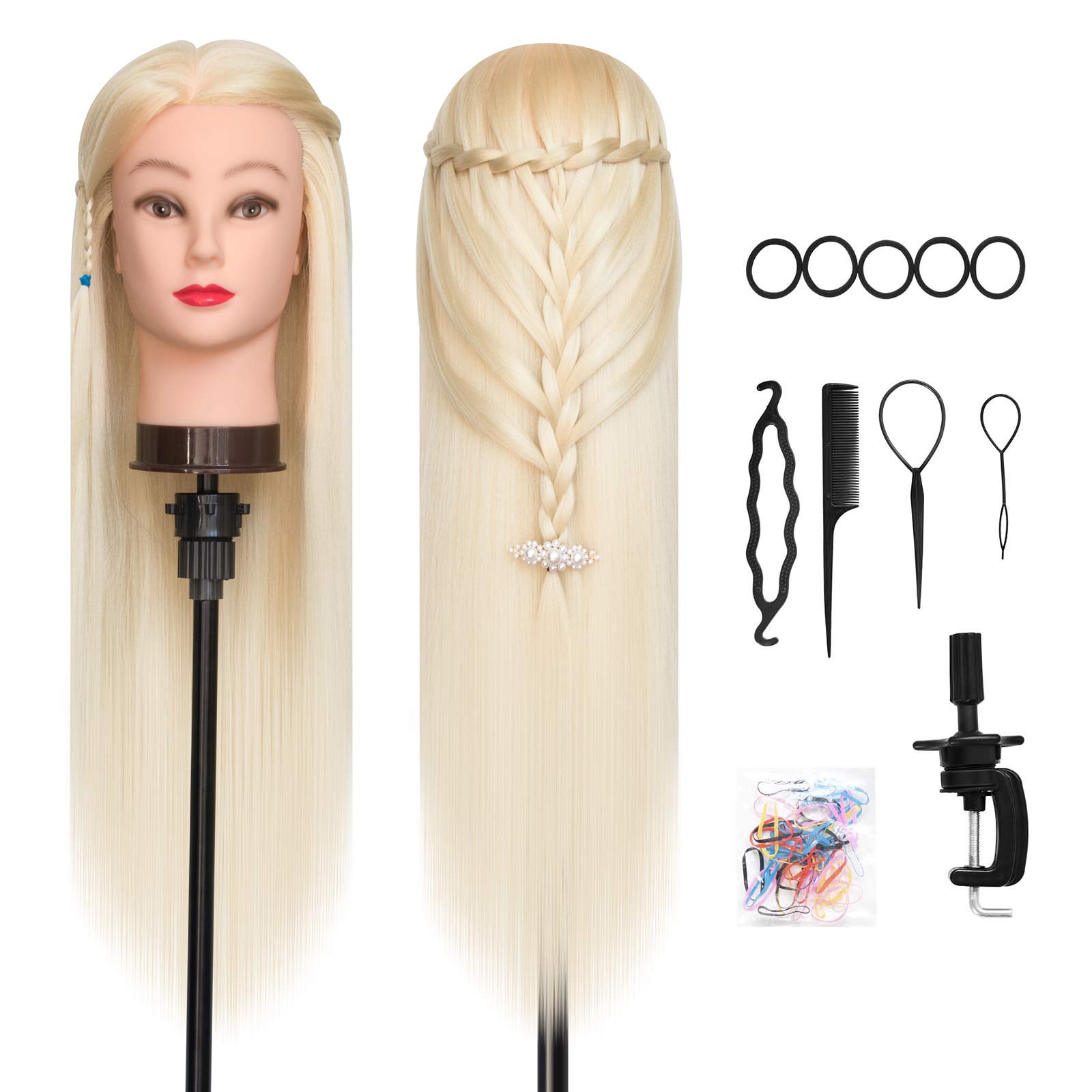DanseeMeibr Training Head, 26-28 Inch Hairdressing Head 100% Synthetic Fiber Cosmetology Mannequin Dolls Head with Free Clamp for Braiding Stying (Blonde)