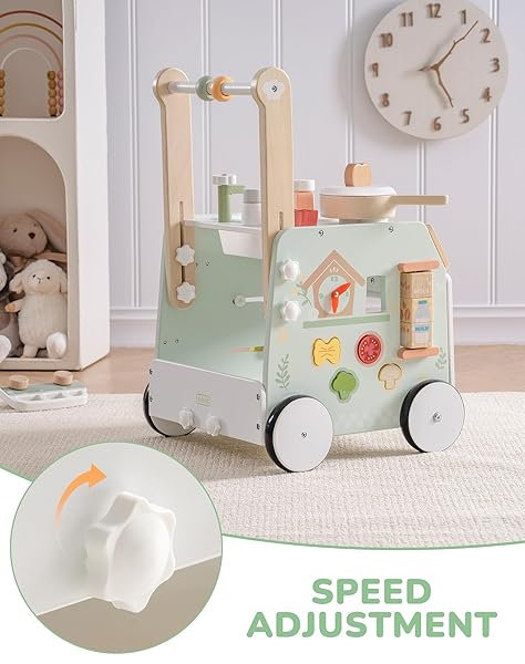ROBUD WOODEN BABY PUSH WALKER, LEARNING WALKING TOYS, ADJUSTABLE HEIGHT BABY WALKER WITH DECELERATOR, MONTESSORI TOYS FOR BABY 10 MONTHS+, WRP24