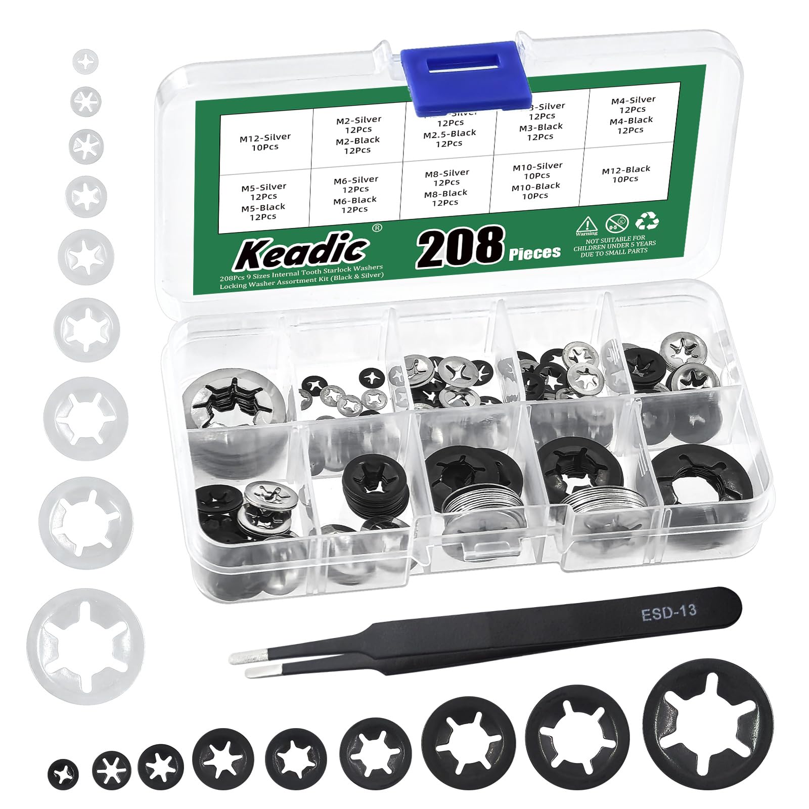 Keadic 208Pcs M2 M2.5 M3 M4 M5 M6 M8 M10 M12 Internal Tooth Star lock Washers Assortment Set, 304 Stainless Steel and 65Mn Steel Star Lock Retaining Clips Fasteners for Automotive