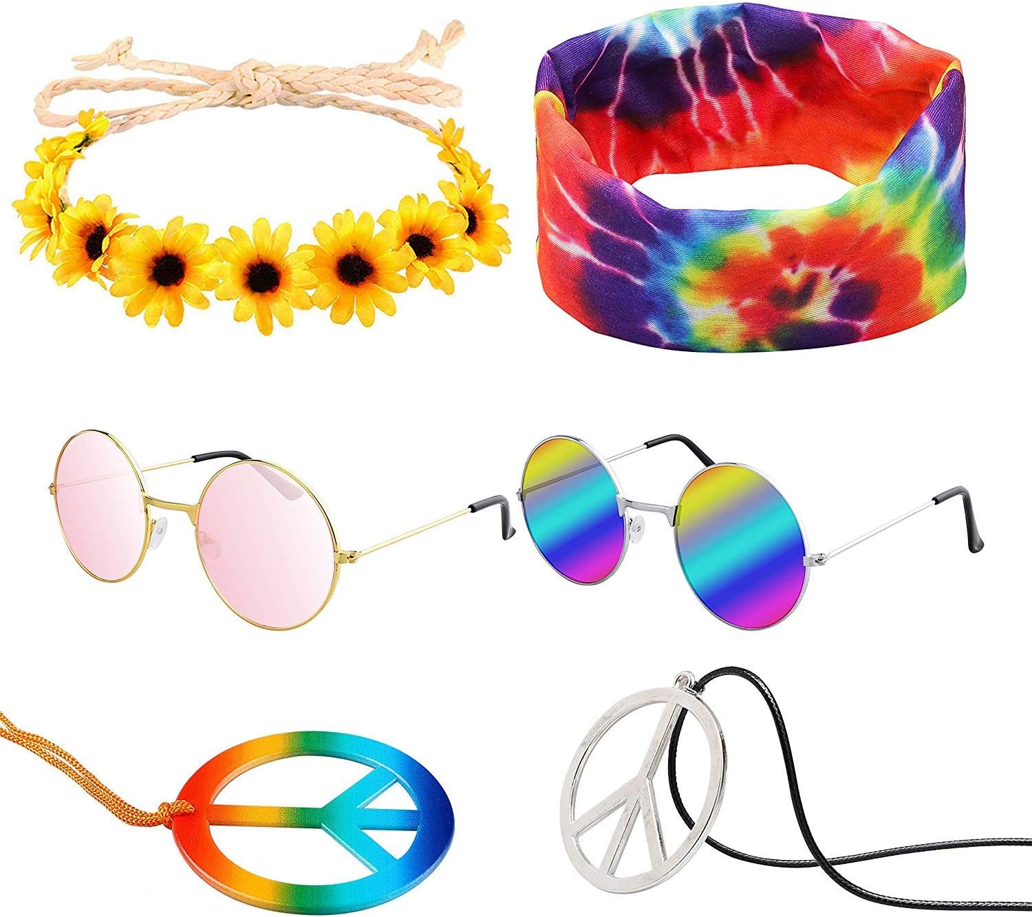 WATINC 7Pcs Hippie Costume Set Round Hippie Sunglasses Sunflower