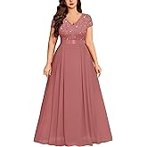 Miusol Women's Plus Size Sequin Floral Lace V Neck Formal Party Evening Gown Chiffon Maxi Dress
