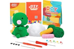 ZMAAGG Beginners Crochet Kit, Crochet Animal Kit, Knitting Kit with Yarn, Polyester Fiber, Crochet Hooks, Step-by-Step Instructions Video, Crochet Starter Kit for Beginner DIY Craft (Dark Green Dinosaur)