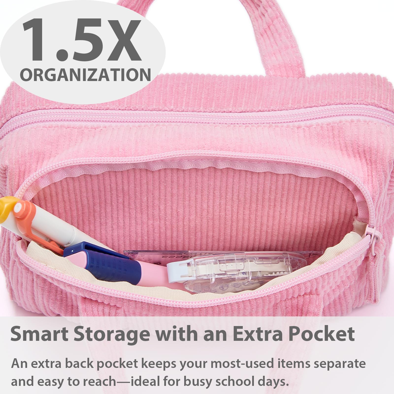 SPACEMATE Pencil Case Pouch Box Bag School Supplies Girls Boys Kids, Cute Preppy Stuff Large Big Capacity Aesthetic Pen Organizer, Back to College Stationary, Light Pink, Corduroy Style, 1800ml